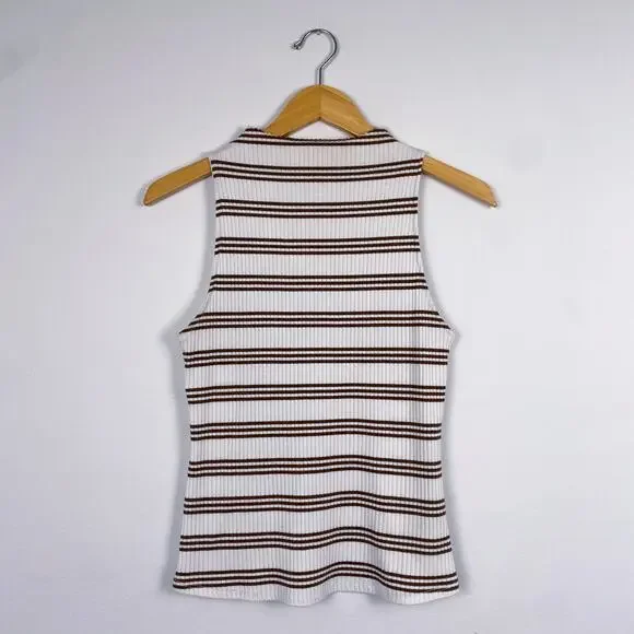 Anthropologie Cream and Brown Ribbed Sleeveless Tank Top - Picture 1 of 7